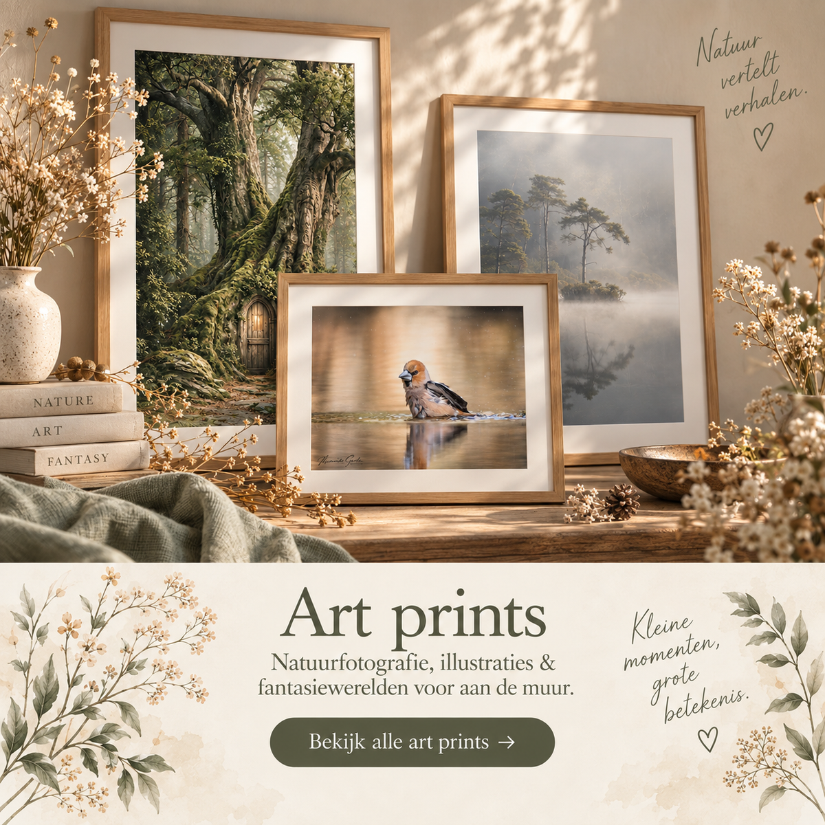 Collectie art prints met natuurfotografie, landschappen, vogels en zachte illustraties