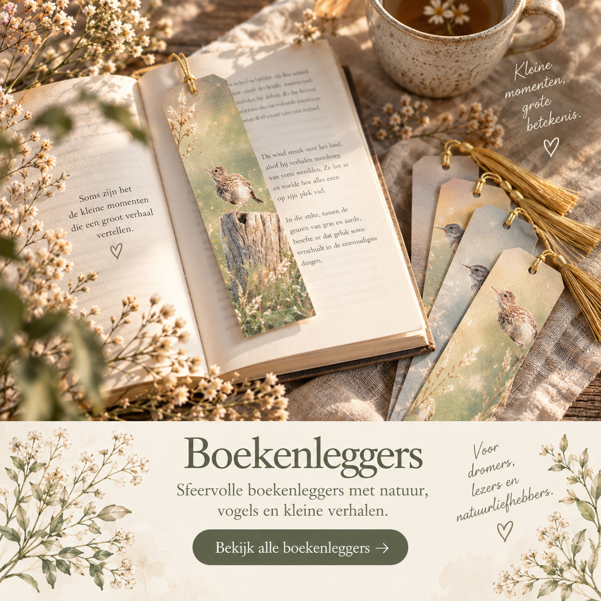 Collectie boekenleggers met vogels, natuur en zachte illustraties