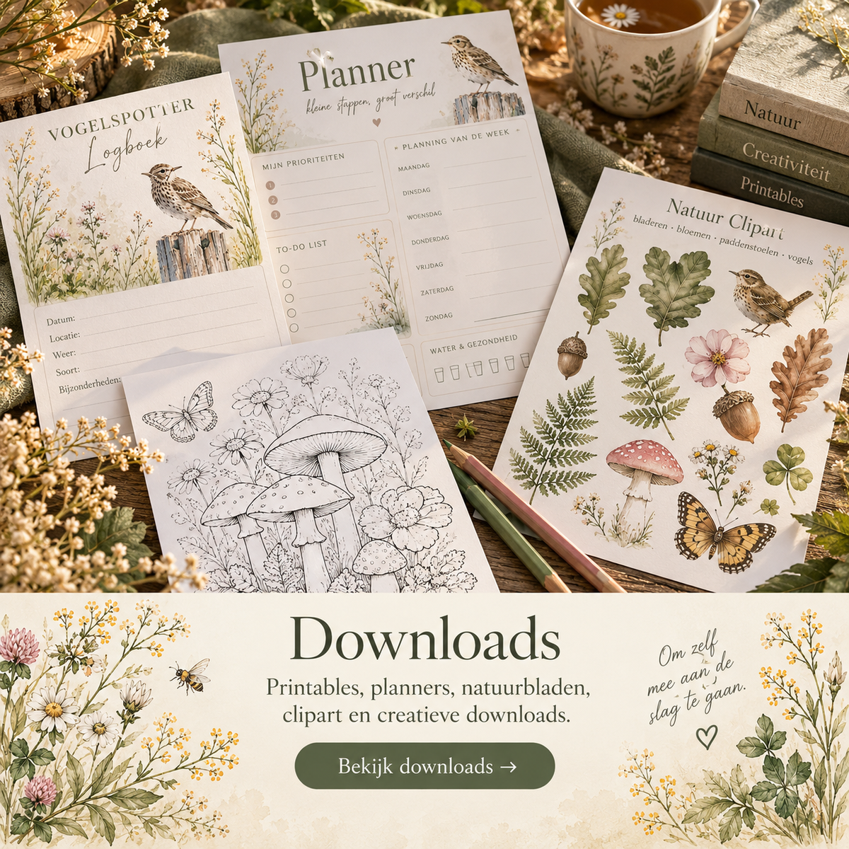 Digitale downloads en printables met kaarten, kleurplaten en natuuractiviteiten