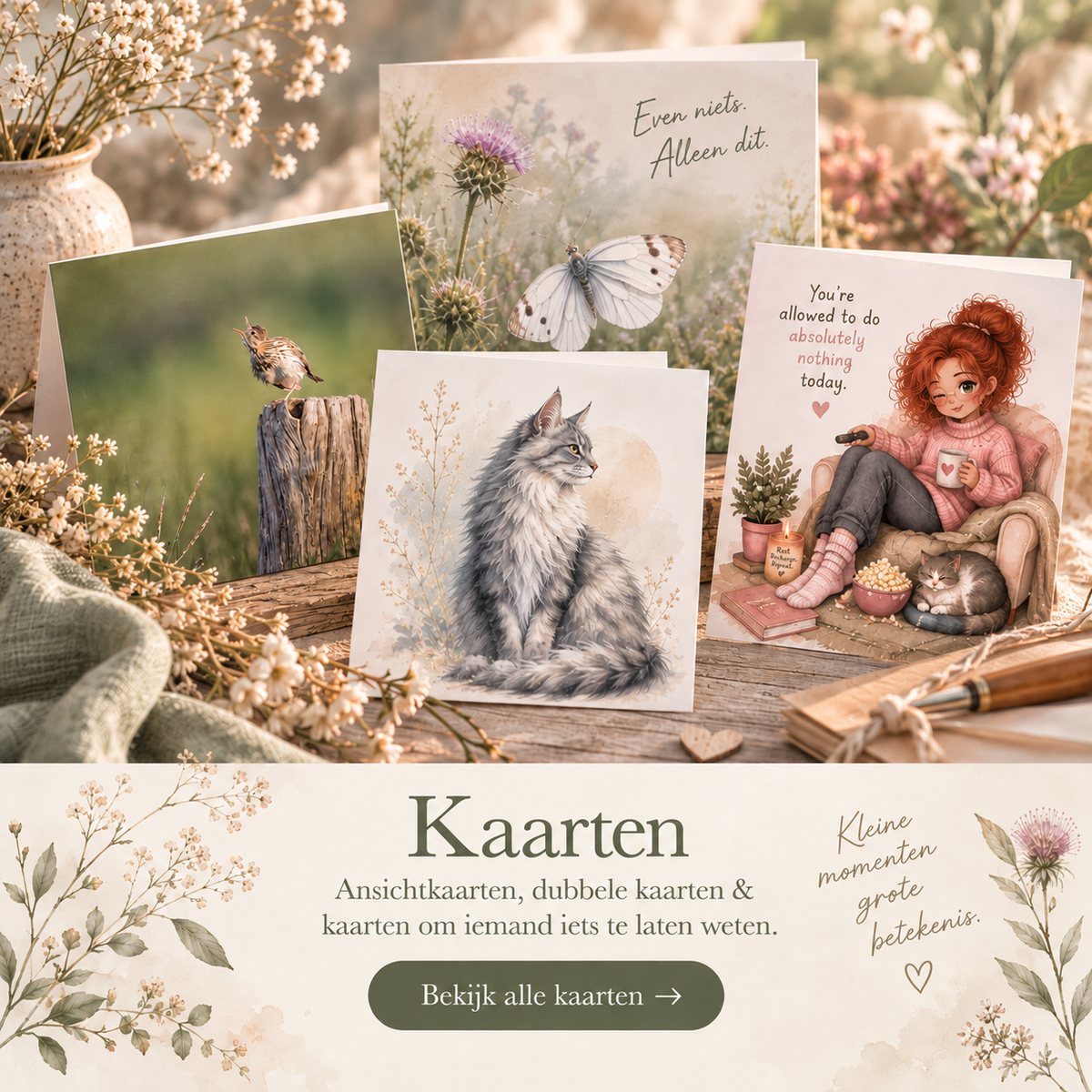 Collectie ansichtkaarten met natuurfotografie, dierenillustraties en kaarten met herkenbare teksten