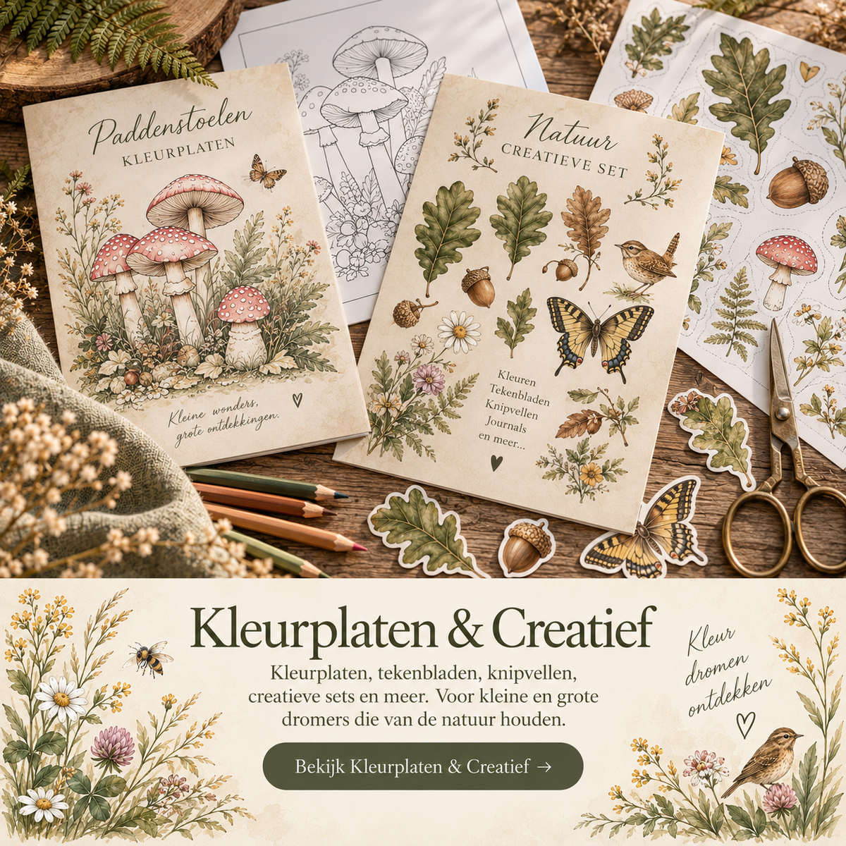 Kleurplaten en creatieve printables met natuur, dieren en paddenstoelen