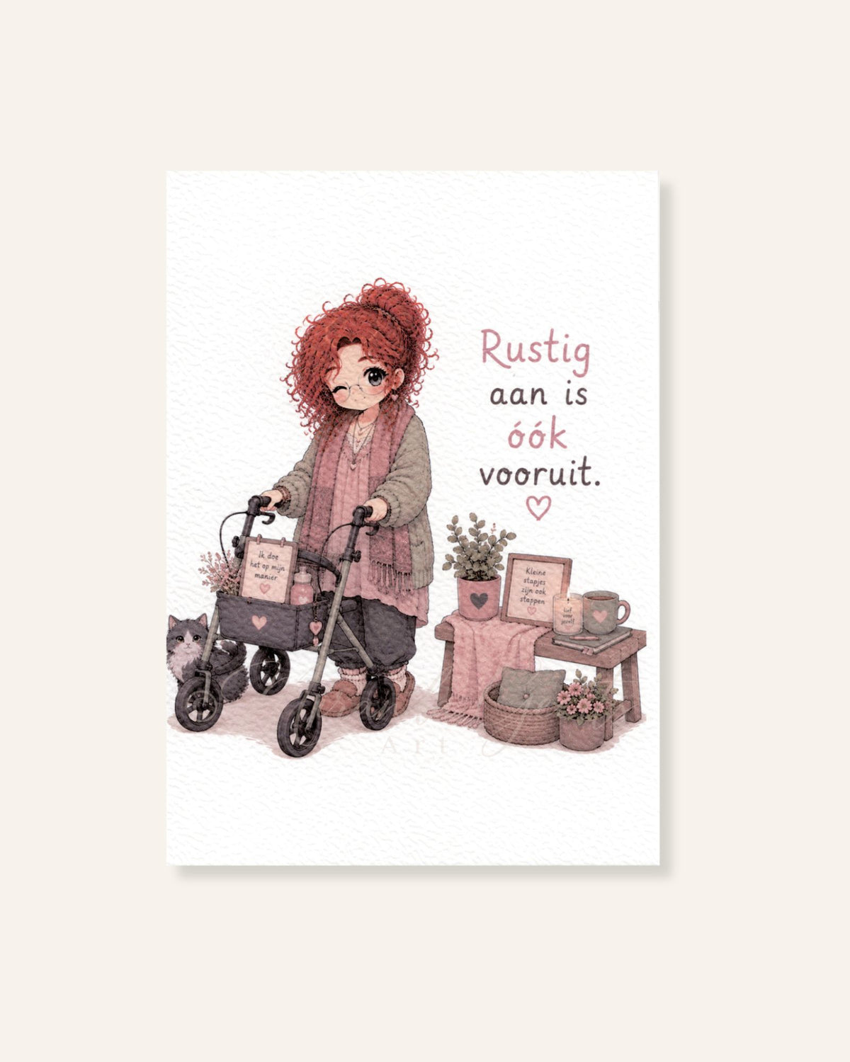 Ansichtkaart Rustig aan is óók vooruit met illustratie van vrouw met rollator
