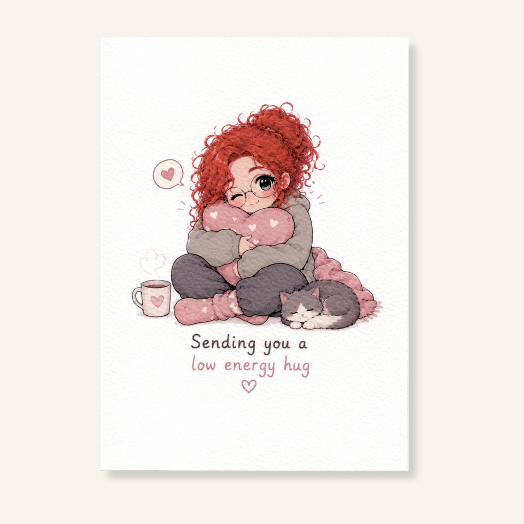 Ansichtkaart Sending you a low energy hug met illustratie van vrouw die rust met een kat