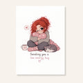 Ansichtkaart Sending you a low energy hug met illustratie van vrouw die rust met een kat