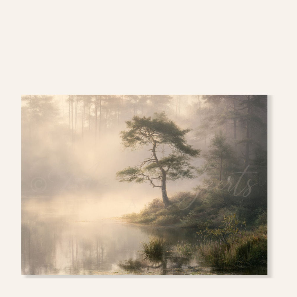 Dromerig fantasy landschap met mistig ven en solitaire den