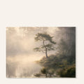 Dromerig fantasy landschap met mistig ven en solitaire den