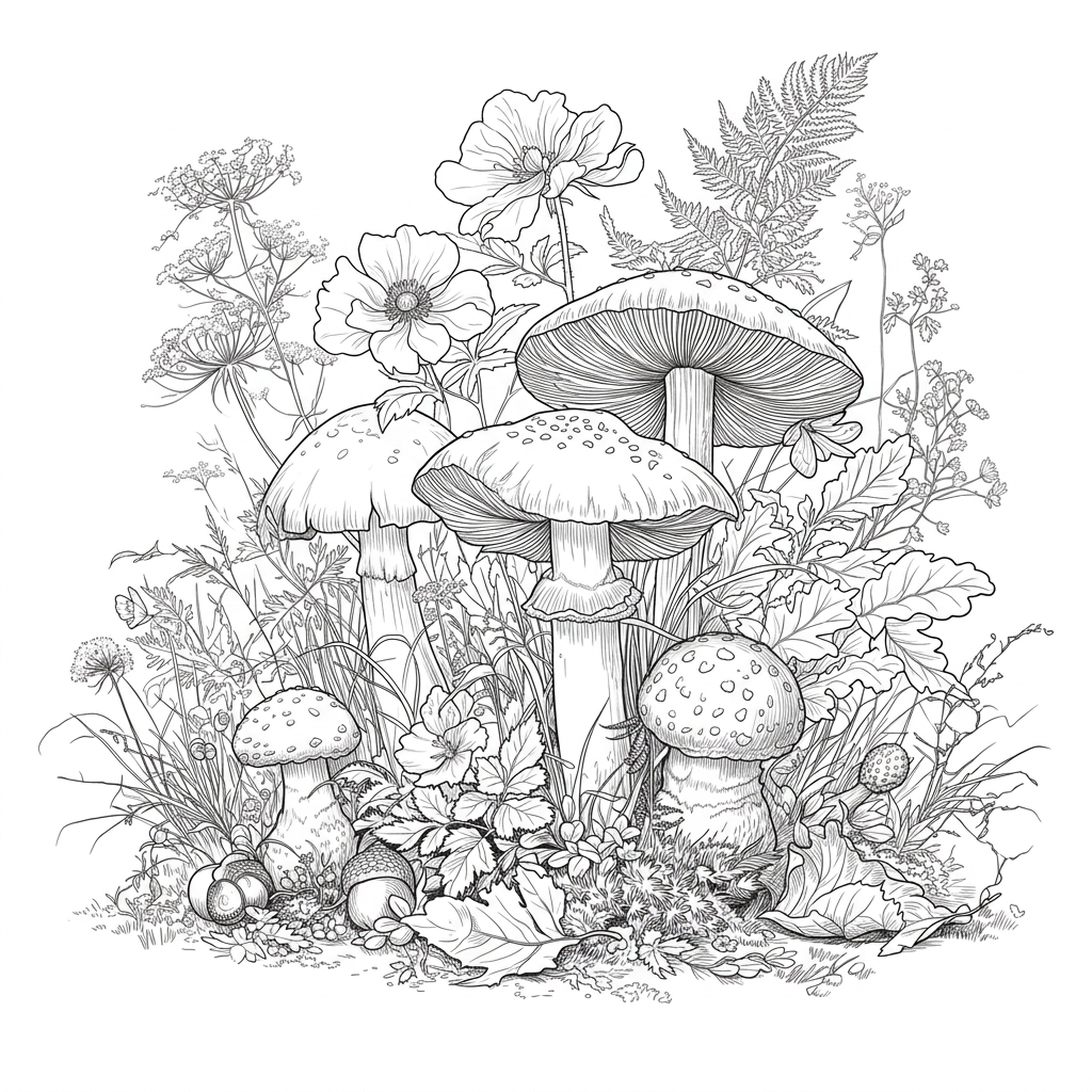 Gedetailleerde printable kleurplaat met paddenstoelen voor volwassenen en oudere kinderen