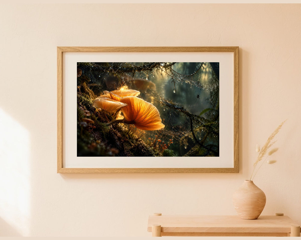 Golden Webs art print met goud verlichte porseleinzwammen en spinnenwebben in een sprookjesachtig bos, ingelijst aan de muur