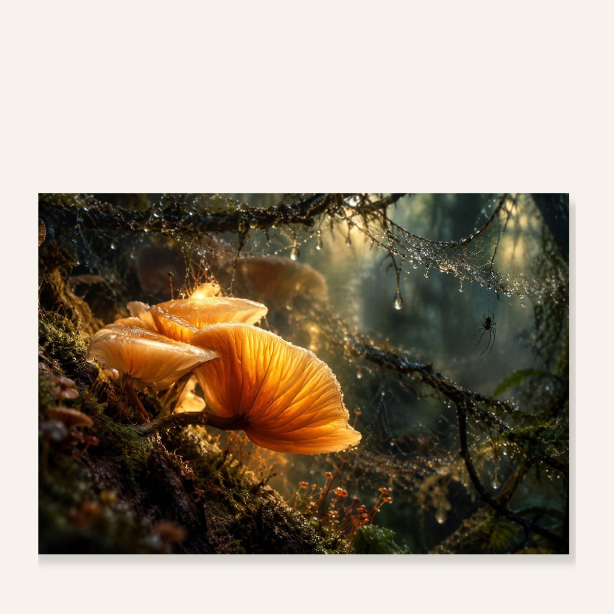 Golden Webs art print met porseleinzwammen in warm gouden boslicht, bedauwde spinnenwebben en een kleine spin