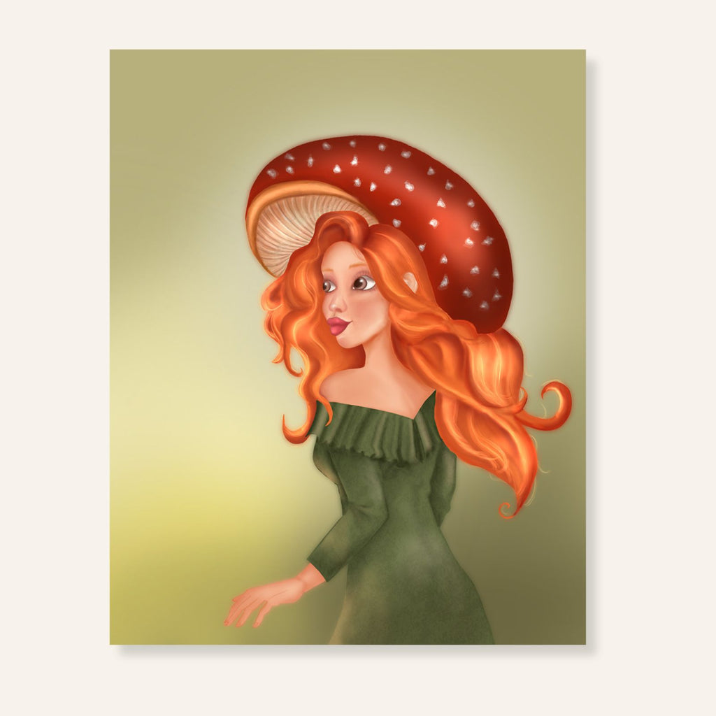 Illustratie van roodharig Mushroom Girl met rode vliegenzwamhoed