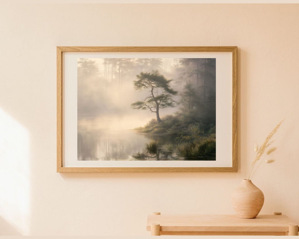 Ingelijste fantasy art print van een mistig ven als wanddecoratie
