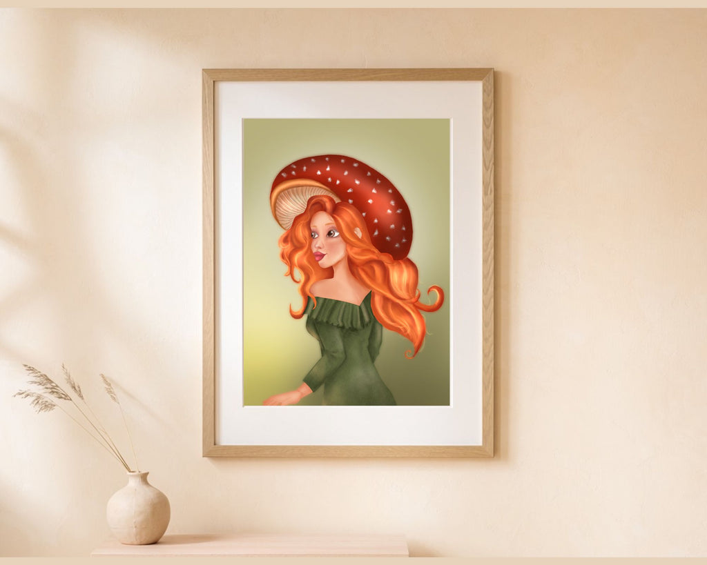Ingelijste Mushroom Girl illustratieprint als wanddecoratie in een lichte kamer