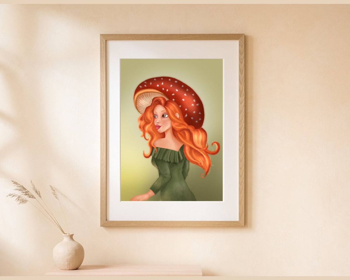 Ingelijste Mushroom Girl illustratieprint als wanddecoratie in een lichte kamer