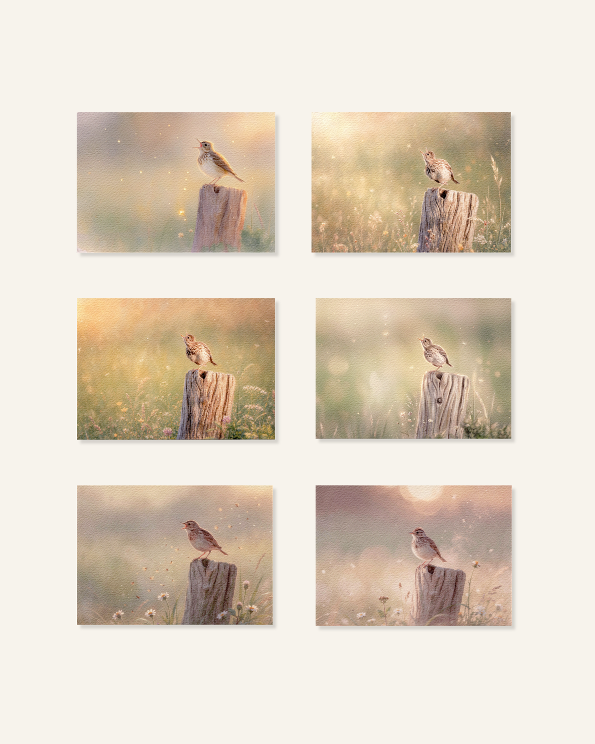 Set van 6 Graspieper ansichtkaarten met zachte natuurillustraties