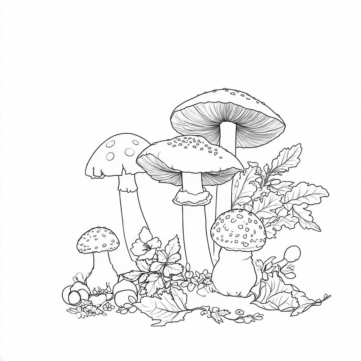 Printable kleurplaat met paddenstoelen en natuurdetails op A4