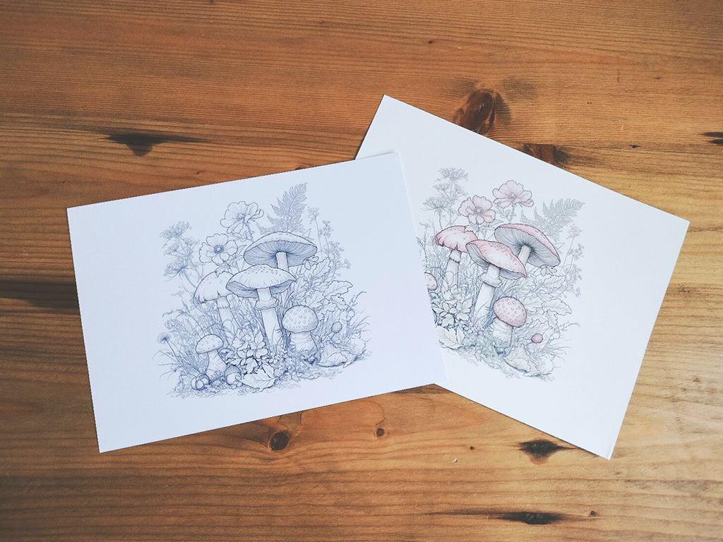 Drie paddenstoelen kleurplaten geprint op A4 papier