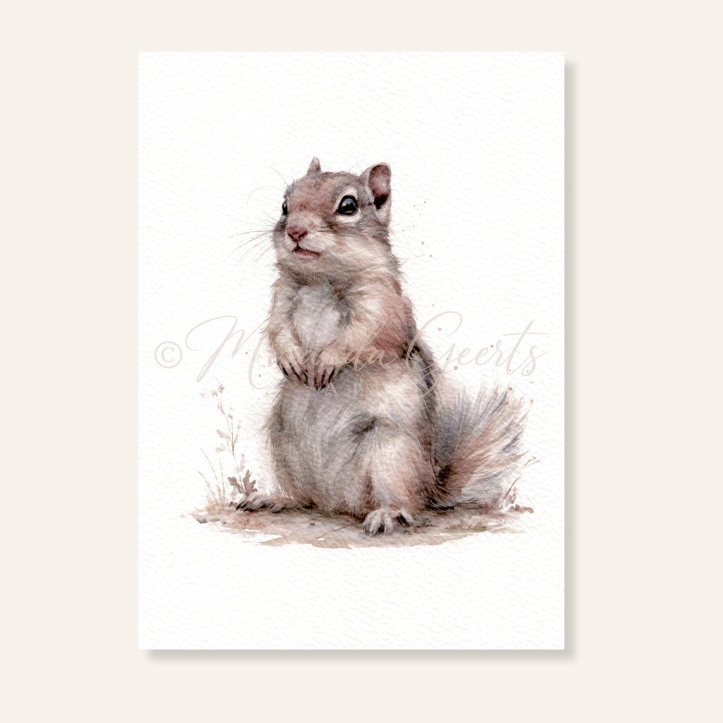 Ansichtkaart met zittende Siberische grondeekhoorn in zachte aquarelstijl