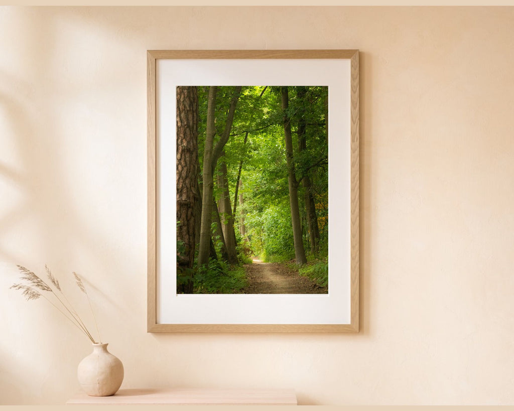 Ingelijste fotoprint van een groen bospad als wanddecoratie