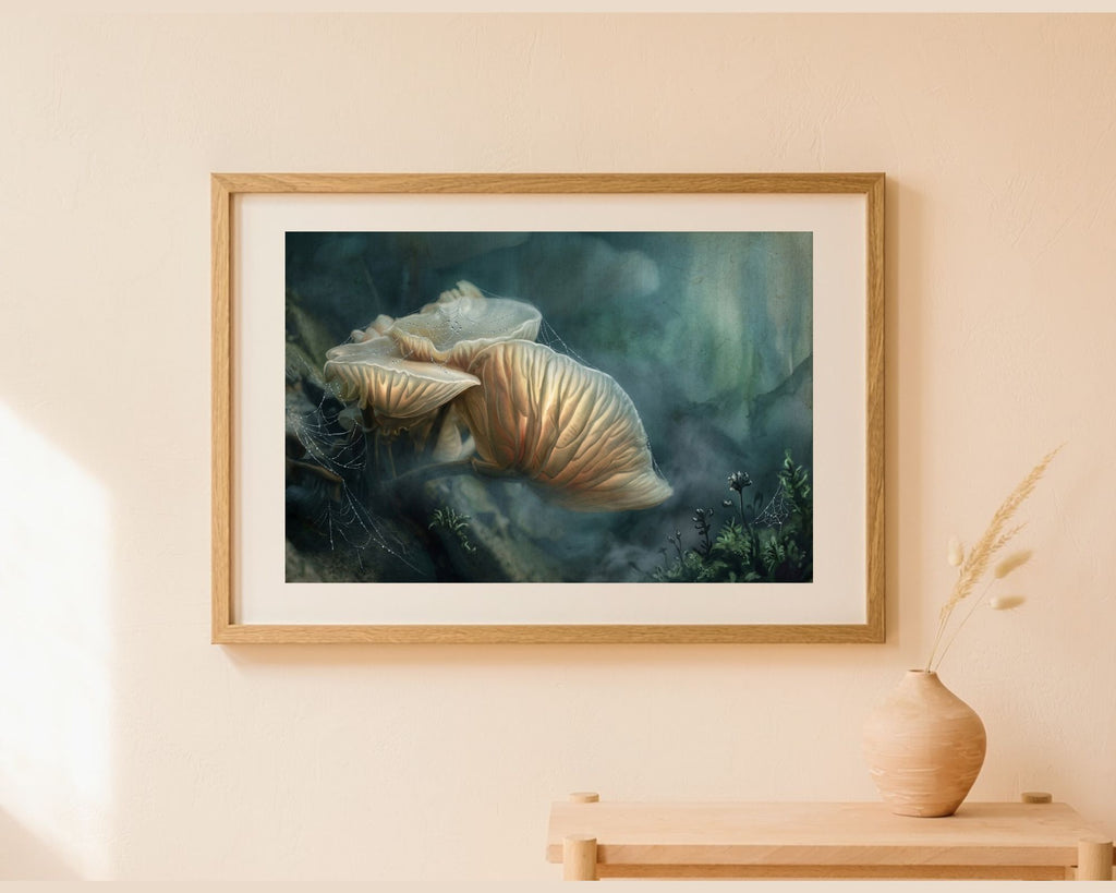 Whispers in the Blue Forest art print met porseleinzwammen in een zacht blauwgroen nevelbos, ingelijst aan de muur