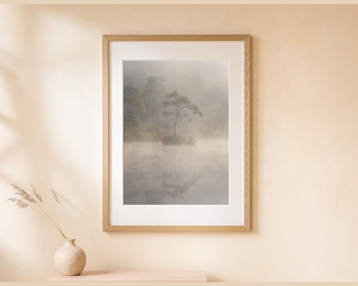 Stilte in de mist natuur fotoprint ingelijst aan de muur als wanddecoratie
