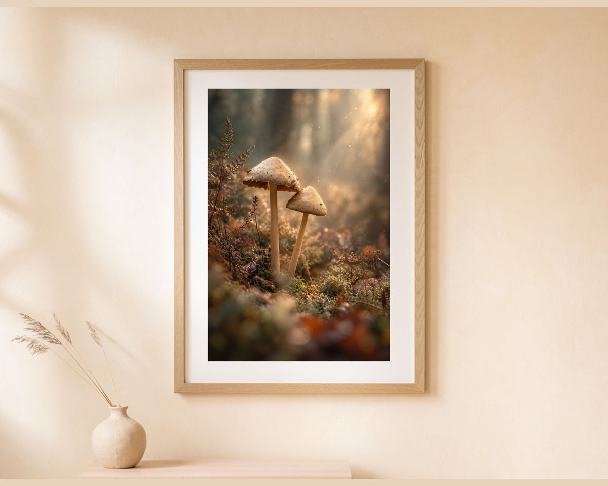 Dromerige art print met twee paddenstoelen in warm goudkleurig boslicht, Golden Forest Whispers van Miranda Geerts Art
