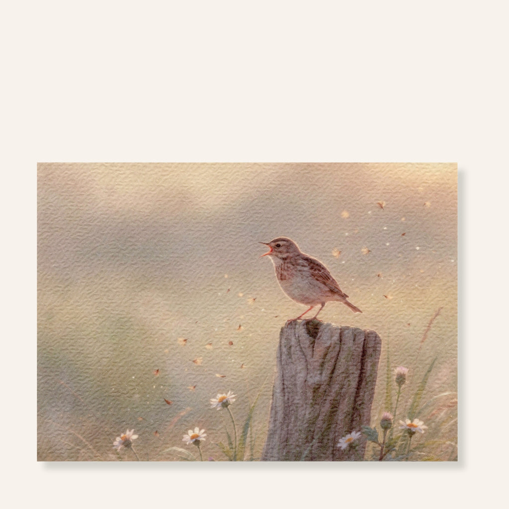 Graspieper ansichtkaart Morning Song met zingende vogel tussen zachte veldbloemen