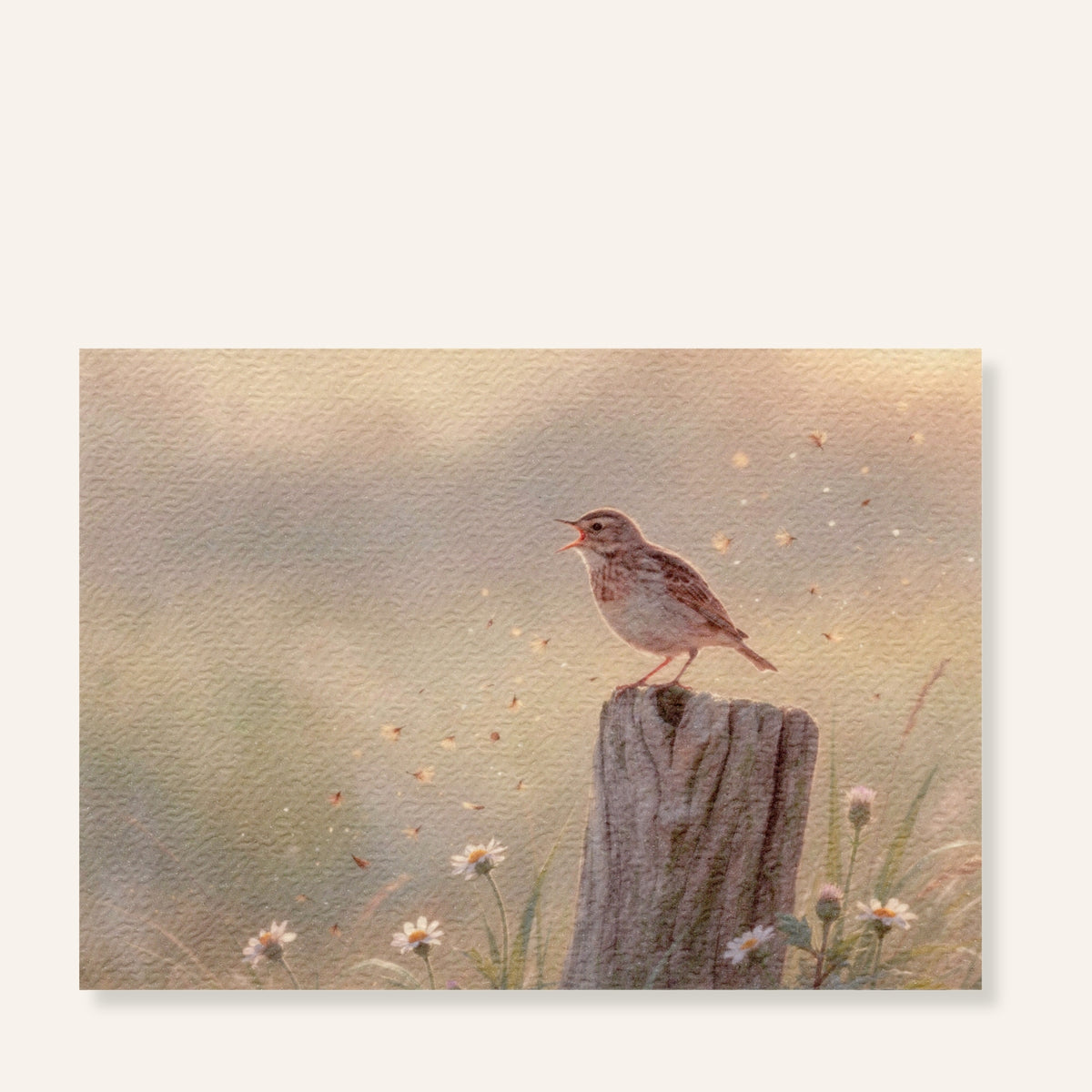 Graspieper ansichtkaart Morning Song met zingende vogel tussen zachte veldbloemen