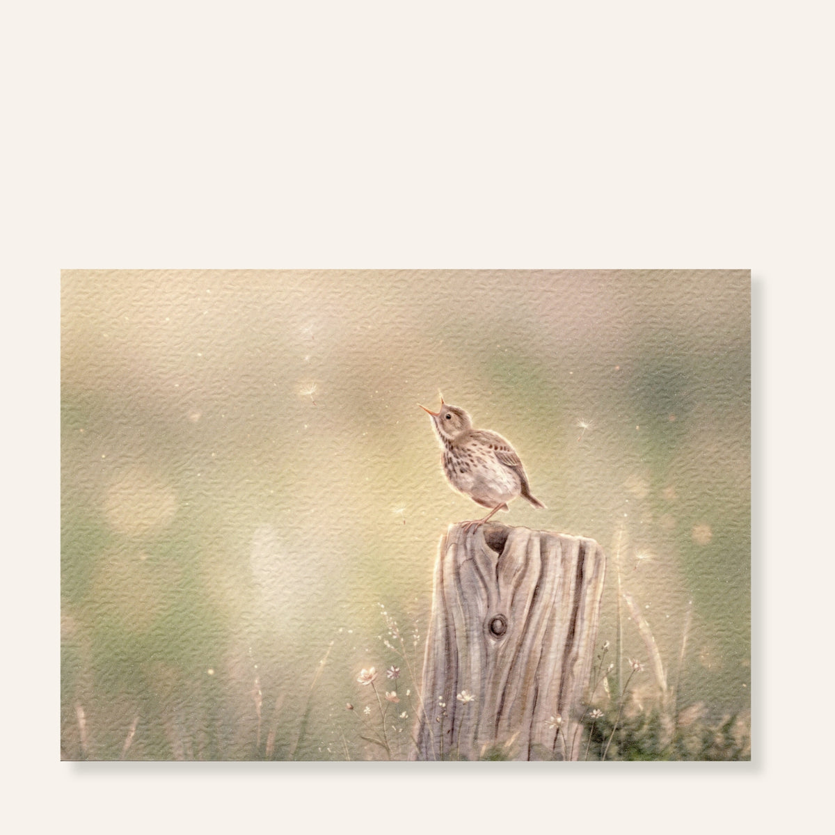Graspieper ansichtkaart Spring Song met zingende vogel tussen zachte lentetinten