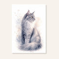 Maine Coon ansichtkaart met aquarelillustratie van een grijze langharige kat