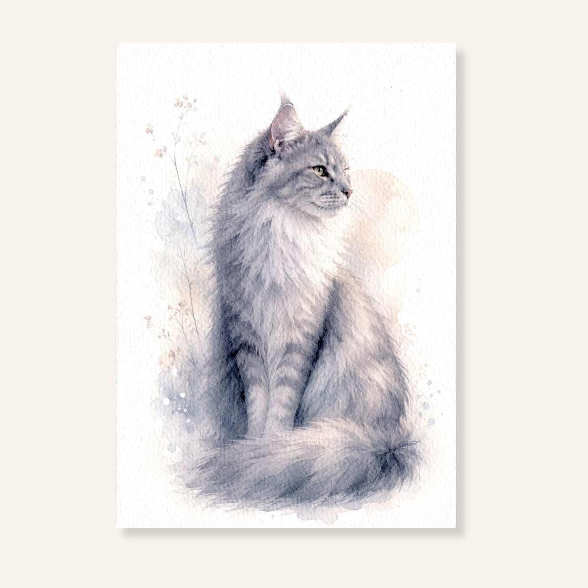 Maine Coon ansichtkaart met aquarelillustratie van een grijze langharige kat