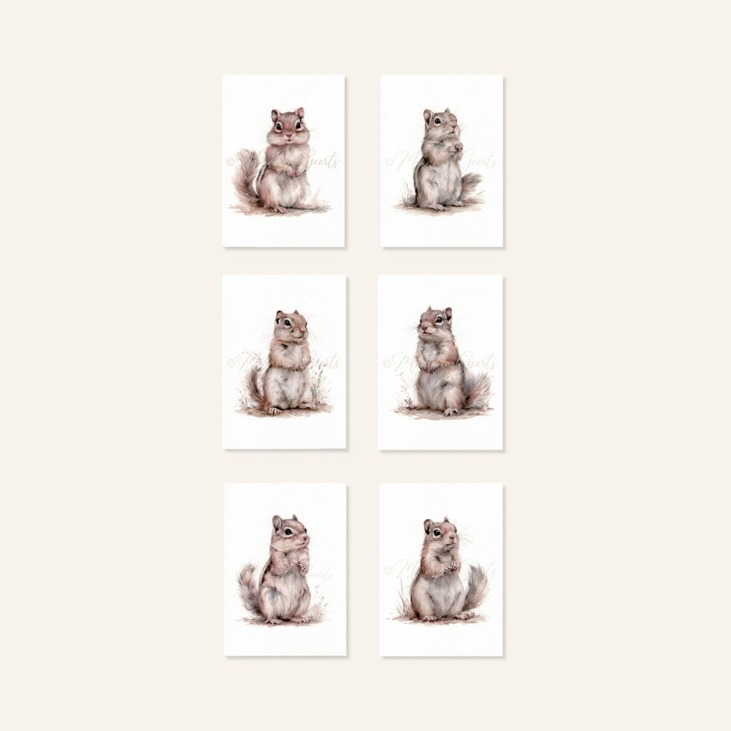 Set van 6 ansichtkaarten met Siberische grondeekhoorns in zachte aquarelstijl