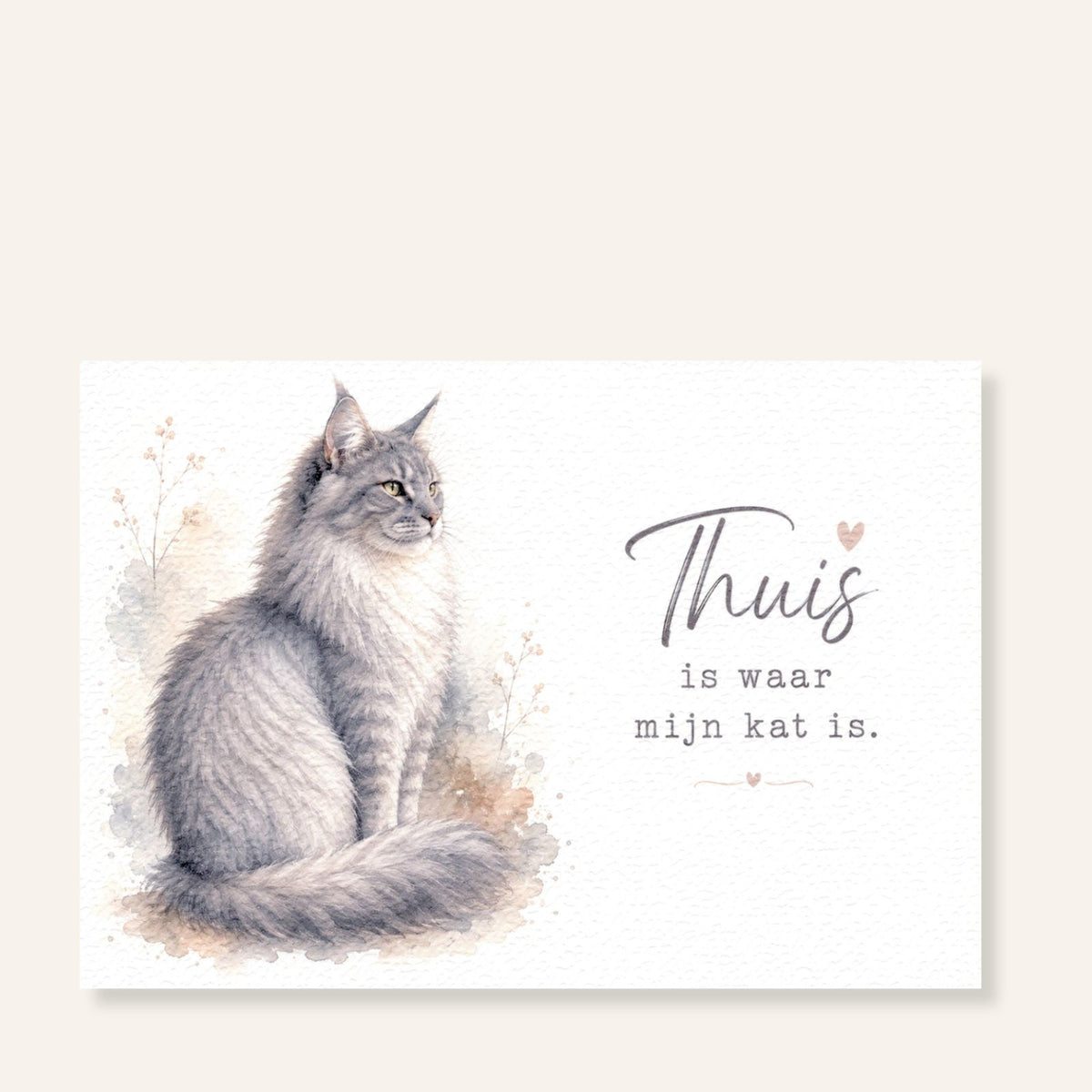 Maine Coon ansichtkaart met grijze kat en tekst Thuis is waar mijn kat is