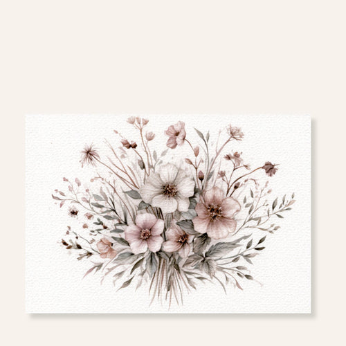 Botanische ansichtkaart met boeket van zachtroze bloemen en groene bladeren